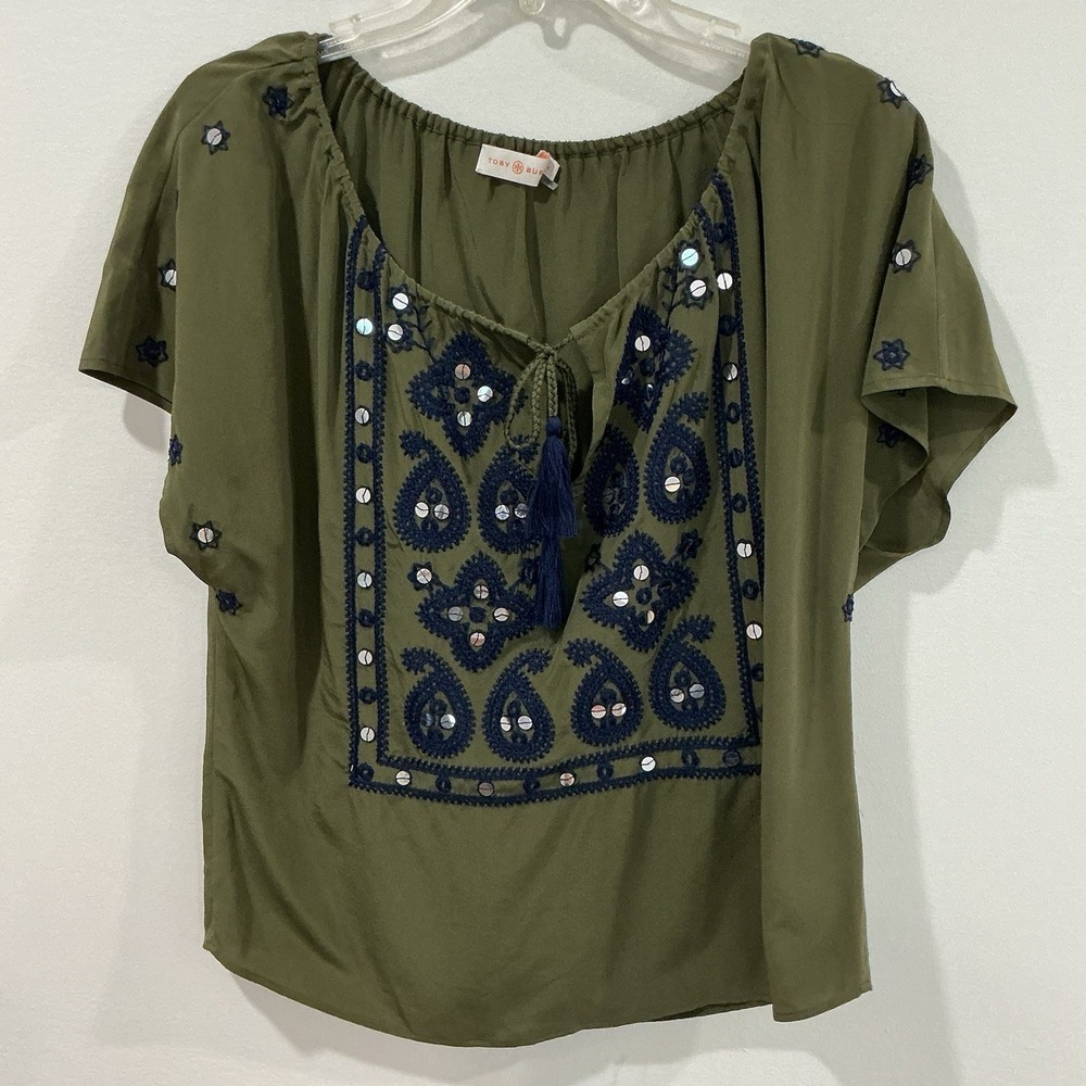 Tory Burch SILK Peasant Blouse Camille Olive Green Embroidered Women Size 4 Boho